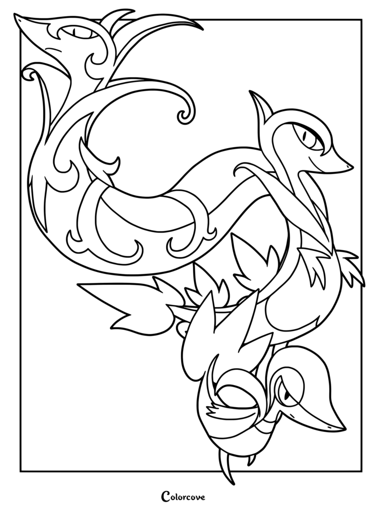 Coloriage de Pokémon de départ de la ligne d'évolution de Vipélierre présentant Vipélierre, Lianaja et Majaspic.