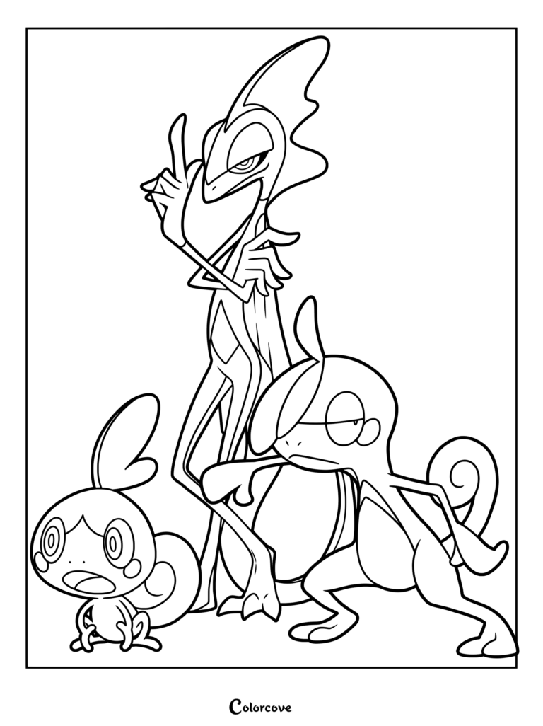 Page de coloriage de la ligne d'évolution de Larméléon, présentant Larméléon, Arrozard et Lézargus en tant que Pokémon de départ.