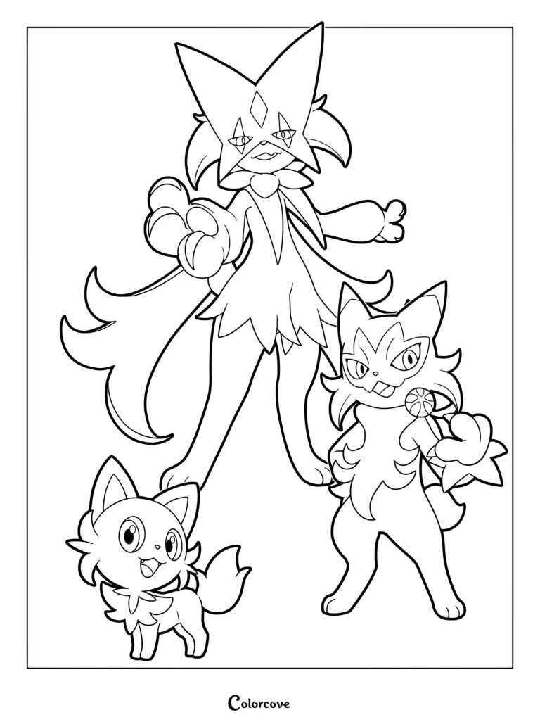 Page de coloriage de la ligne d'évolution du Pokémon de départ Poussacha, avec Poussacha, Matourgeon et Miascarade.