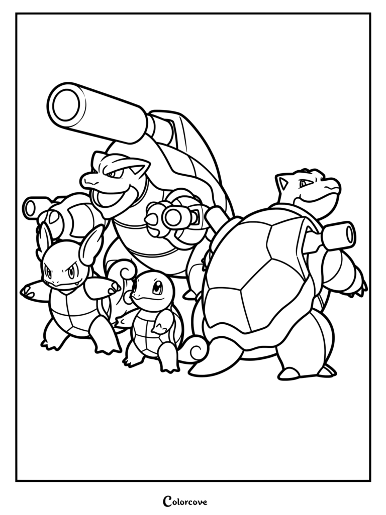 Coloriage de Pokémon de départ de la ligne d'évolution de Carapuce montrant Carapuce, Carabaffe et Tortank.