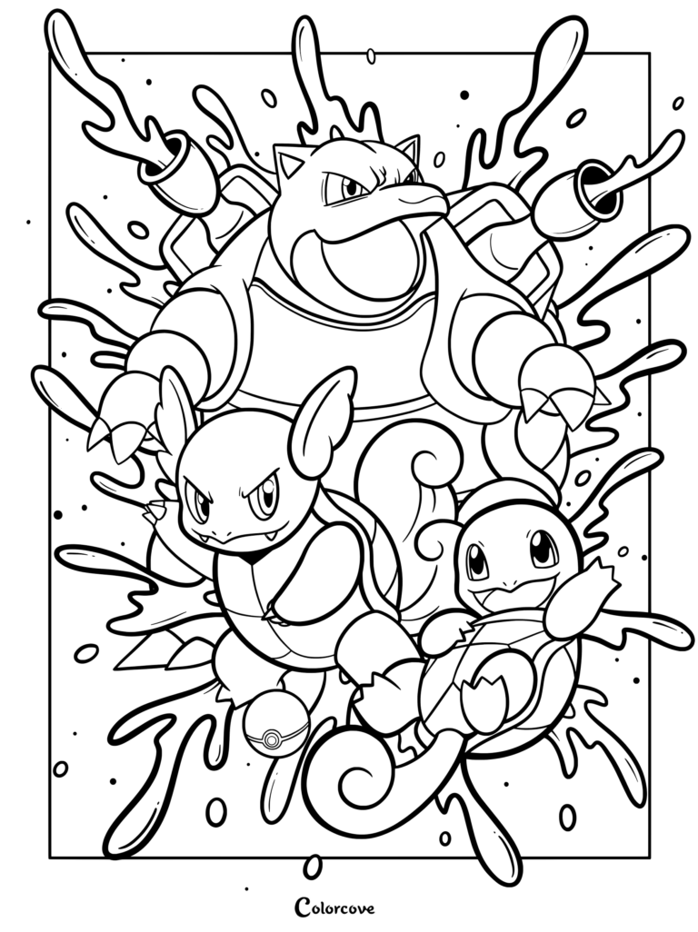Coloriage de Pokémon de départ de la ligne d'évolution de Carapuce présentant Carapuce, Carabaffe et Tortank au milieu d'éclaboussures d'eau.