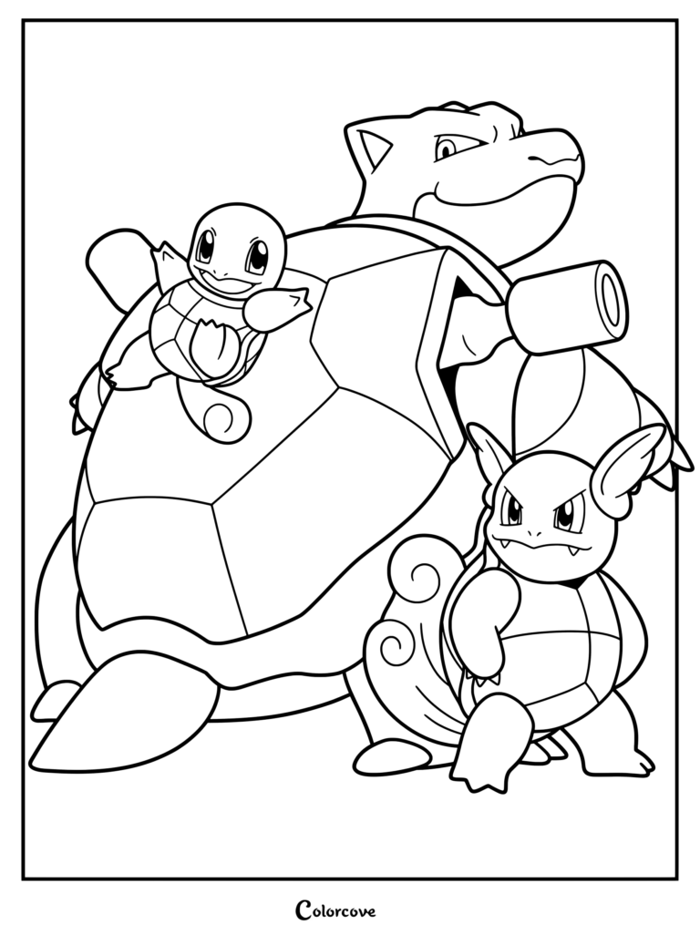 Coloriage de Pokémon de départ de la ligne d'évolution de Carapuce montrant Carapuce, Carabaffe et Tortank ensemble.