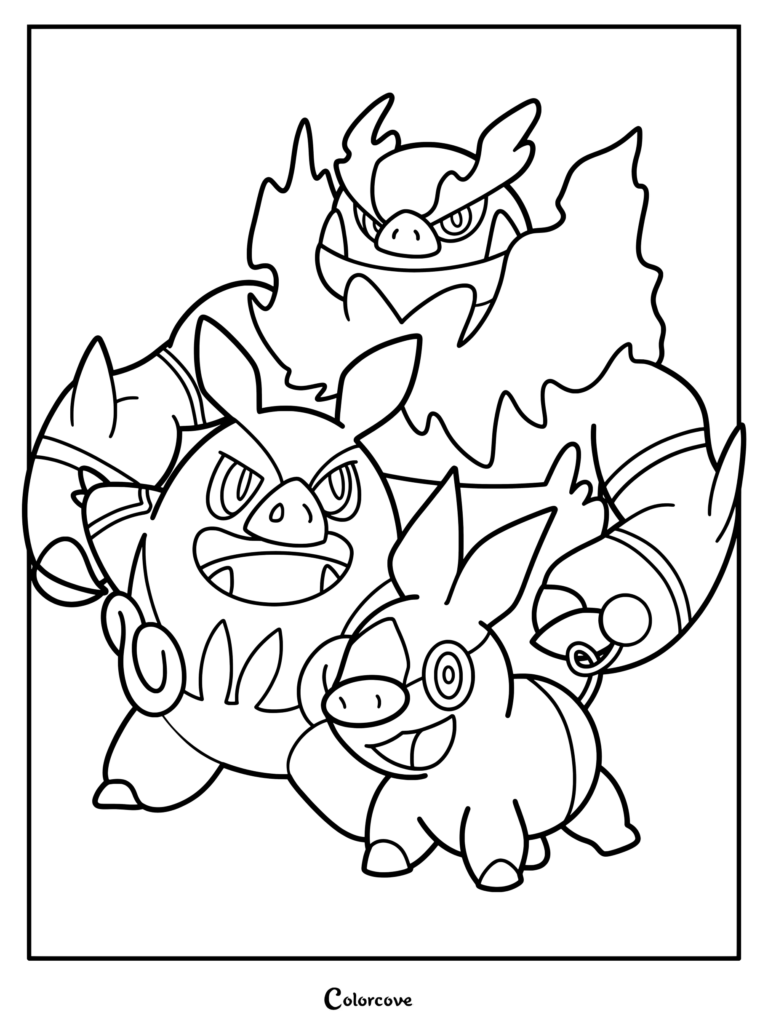 Coloriage de Pokémon de départ présentant la ligne d'évolution de Gruikui avec Gruikui, Grotichon et Roitiflam.