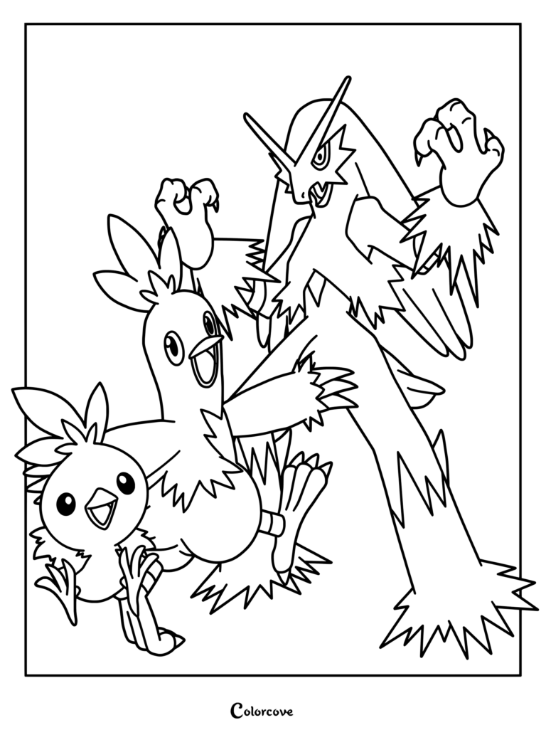 Coloriage de la ligne d'évolution de Poussifeu, le Pokémon de départ, présentant Poussifeu, Galifeu et Brasegali posant ensemble.