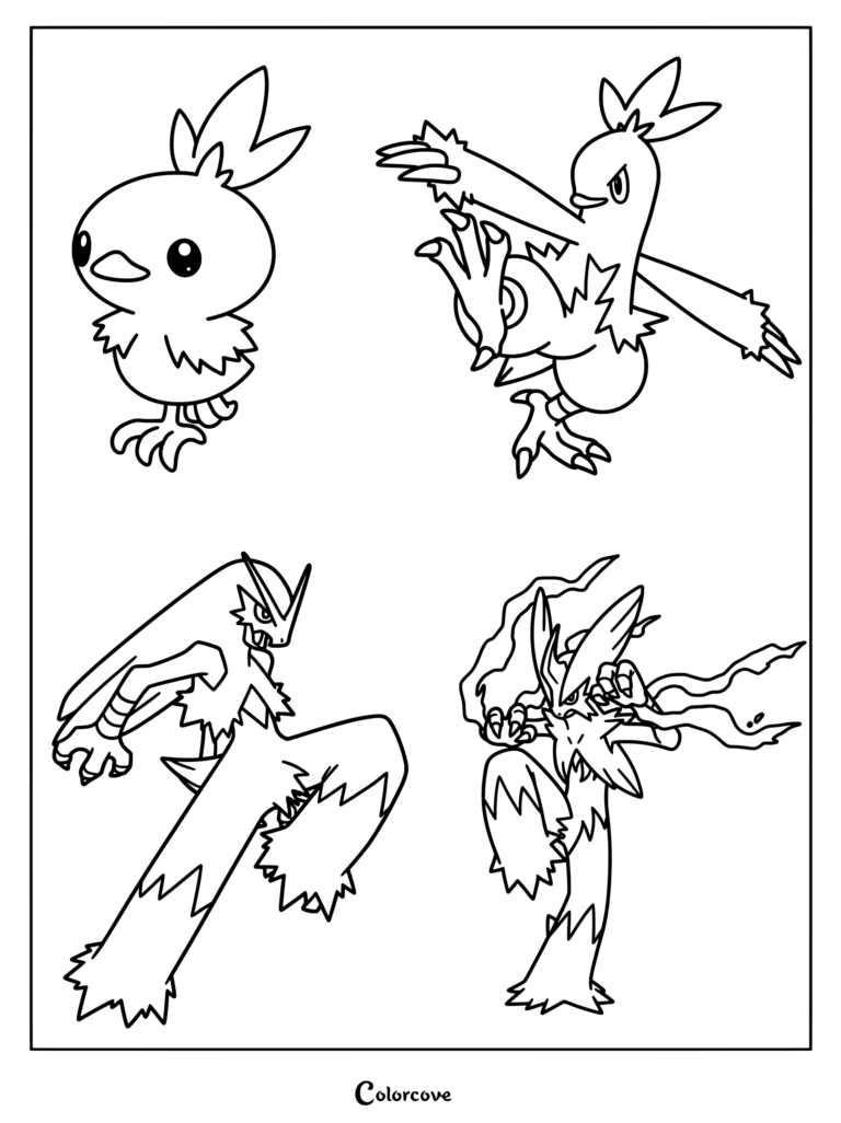 Coloriage de Pokémon de départ de la ligne d'évolution de Poussifeu présentant Poussifeu, Galifeu, Brasegali et Méga-Brasegali.