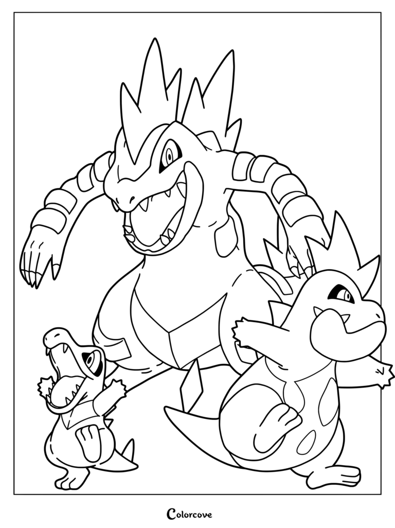 Coloriage imprimable présentant les Pokémon de départ de Type Eau Kaiminus, Crocrodil et Aligatueur.