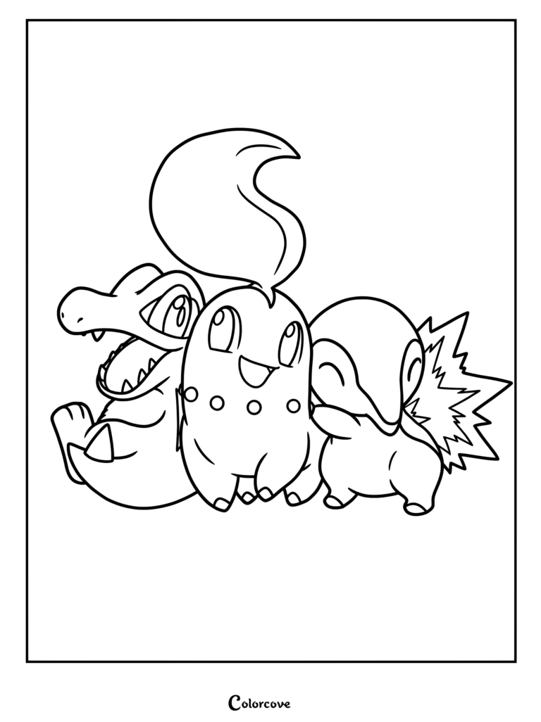 Coloriage de Pokémon de départ présentant Kaiminus, Germignon et Héricendre debout ensemble.