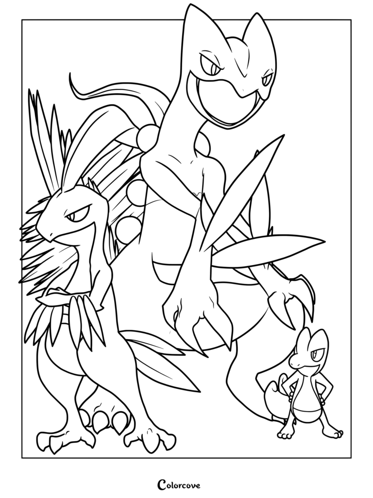 Coloriage de Pokémon de départ de la ligne d'évolution d'Arcko présentant Arcko, Massko et Jungko dans des poses dynamiques.