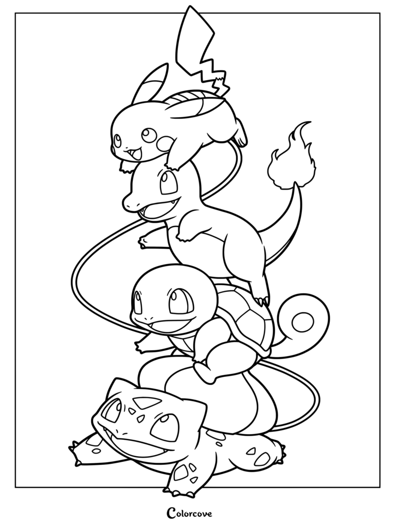 Salamèche, Bulbizarre, Carapuce et Pikachu empilés ensemble sur ce coloriage de Pokémon de départ.