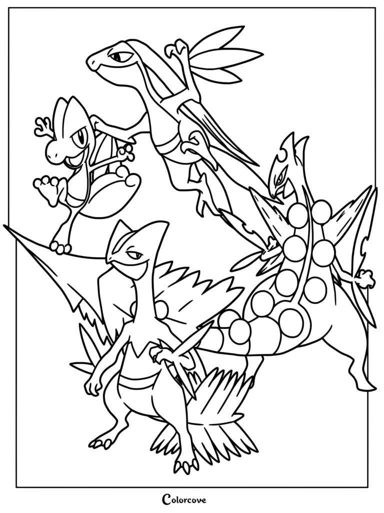 Coloriage de Pokémon de départ présentant la ligne d'évolution complète d'Arcko avec Arcko, Massko, Jungko et Méga-Jungko.