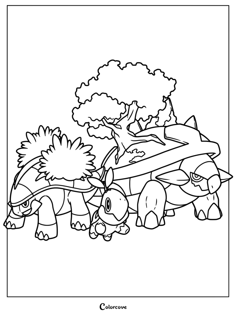 Coloriage de la ligne d'évolution de Tortipouss présentant Tortipouss, Boskara et Torterra en tant que Pokémon de départ.