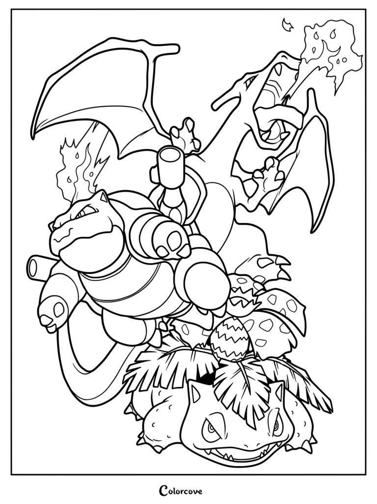 Coloriage imprimable de Pokémon de départ présentant Florizarre, Dracaufeu et Tortank dans une pose dynamique pleine d'action.