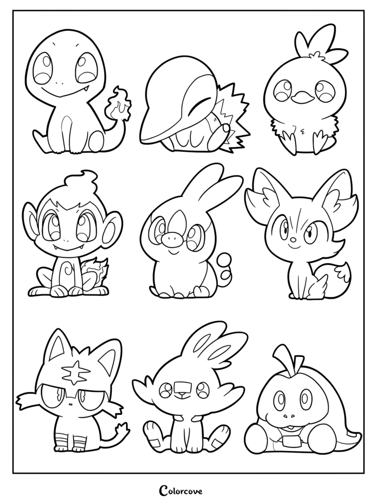 Coloriage à imprimer comprenant les neuf Pokémon de départ de Type Feu des générations une à neuf.