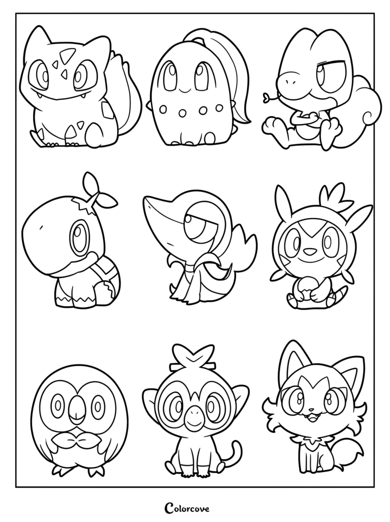 Coloriage gratuit à imprimer avec les neuf Pokémon de départ de Type Plante des générations 1 à 9.