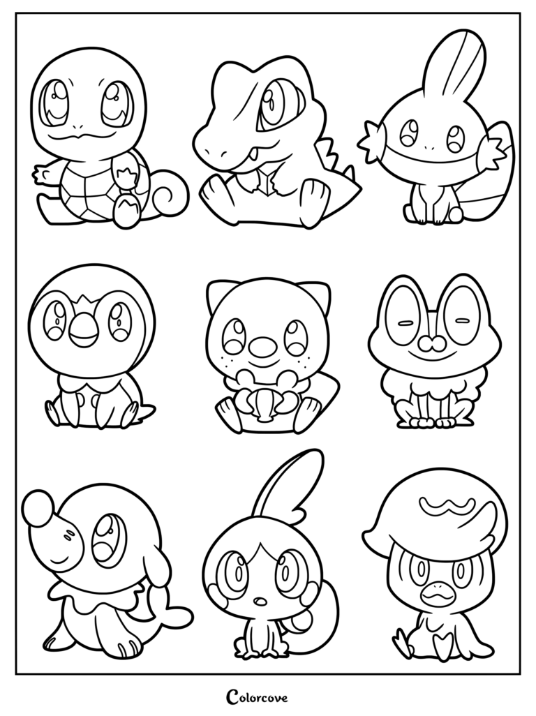 Coloriage à imprimer regroupant les neuf Pokémon de départ de Type Eau des générations 1 à 9.