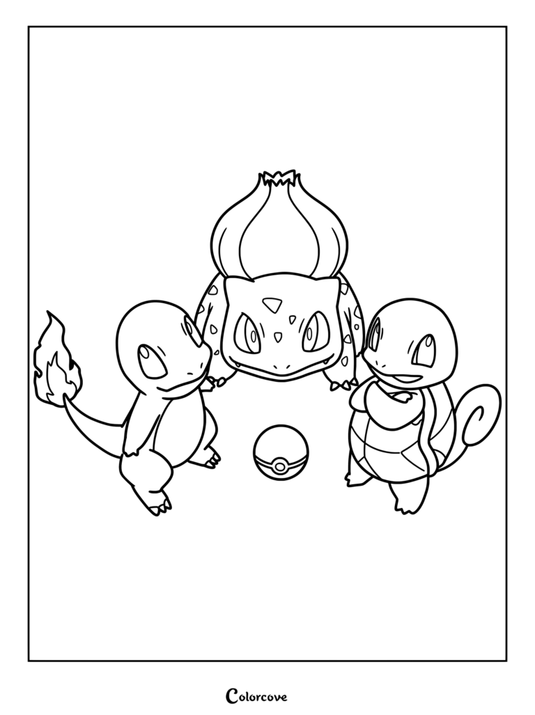 Coloriage de Pokémon de départ avec Salamèche, Bulbizarre et Carapuce rassemblés autour d'une Poké Ball.