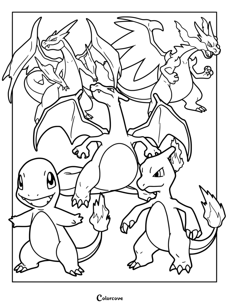 Coloriage de la ligne d'évolution de Salamèche présentant Salamèche, Reptincel, Dracaufeu ainsi que Méga-Dracaufeu X et Y.