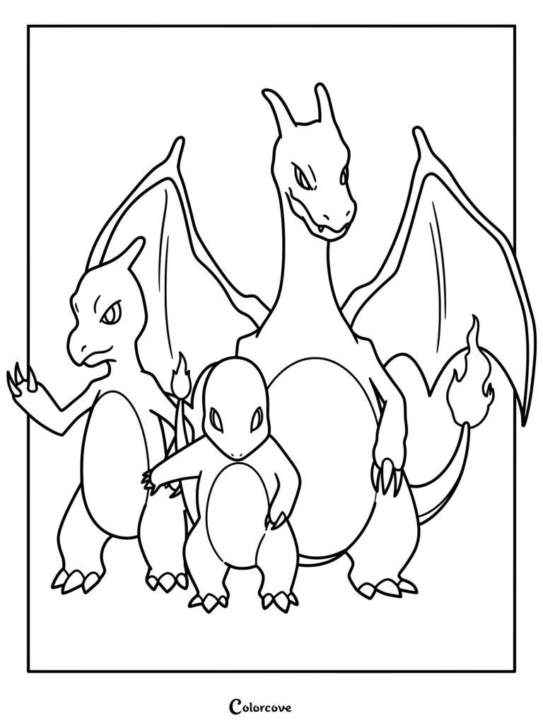 Coloriage de Pokémon de départ de la ligne d'évolution de Salamèche présentant Salamèche, Reptincel et Dracaufeu.