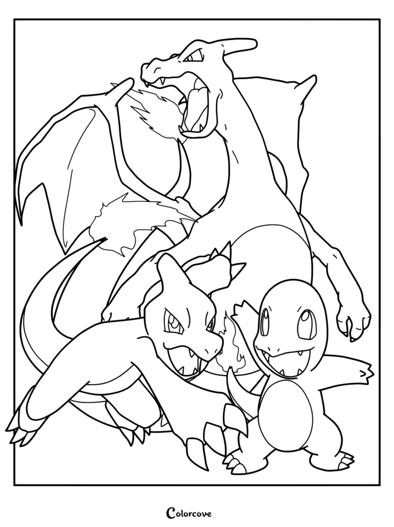 Coloriage de Pokémon de départ de la ligne d'évolution de Salamèche présentant Salamèche, Reptincel et Dracaufeu.