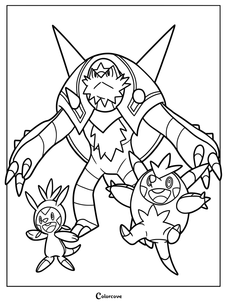 Coloriage de Pokémon de départ de la ligne d'évolution de Marisson présentant Marisson, Boguérisse et Blindépique.