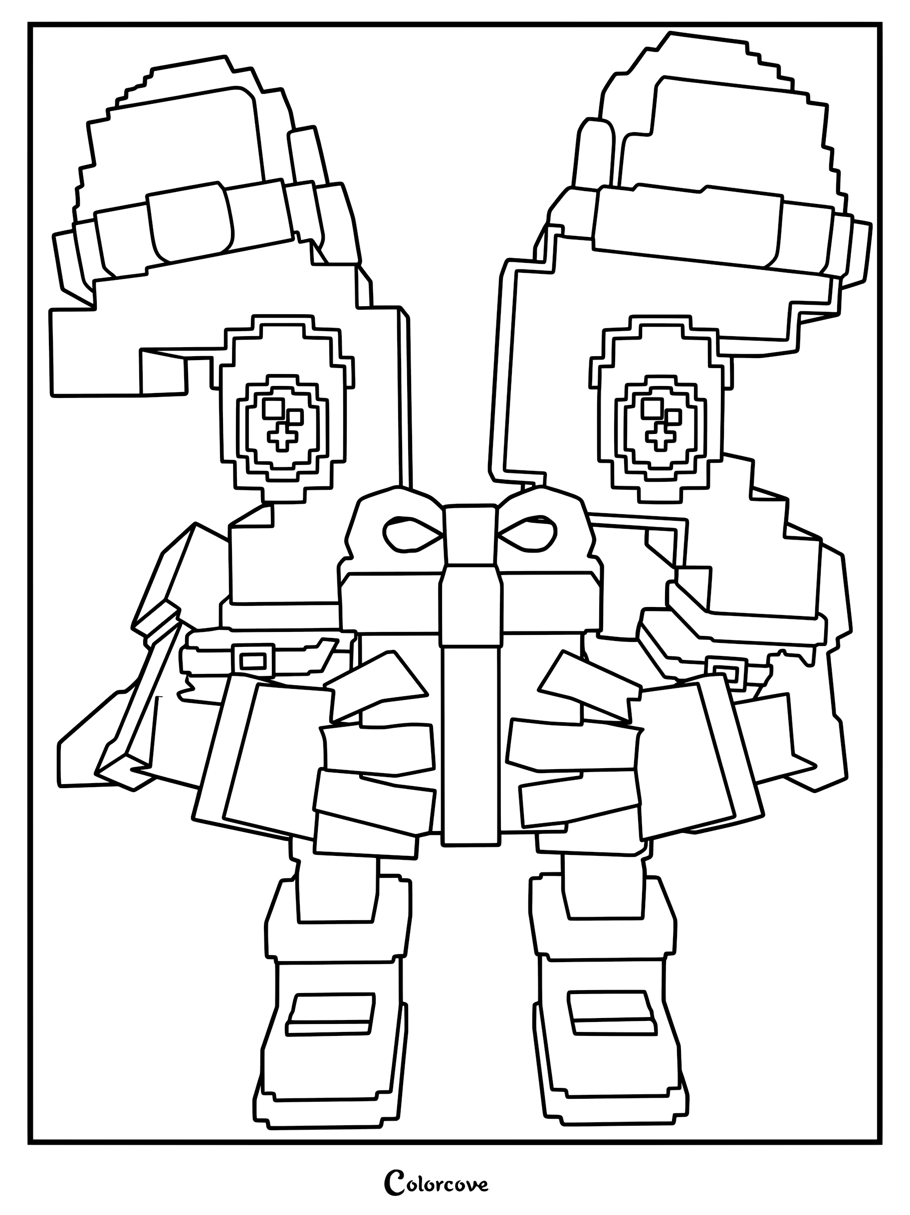 A Steal A Brainrot avatar holding a large gift box in this printable coloring page.