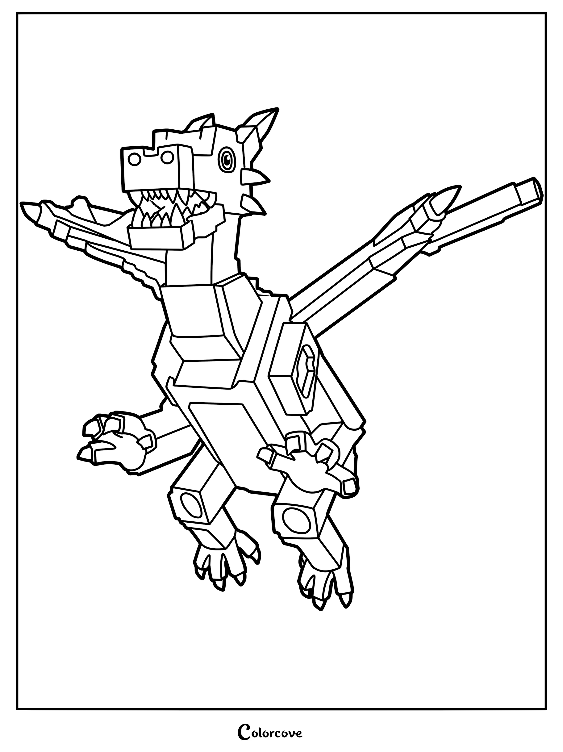 A Dragon Cannelloni in a dynamic flying pose, featured as a printable coloring page with sharp black outlines.