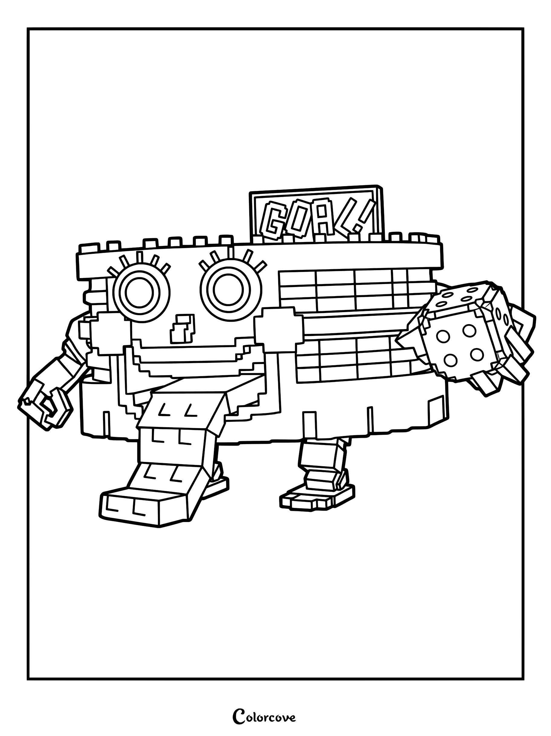 Esok Goala from Steal A Brainrot holding a die with a GOAL sign in this printable coloring page.