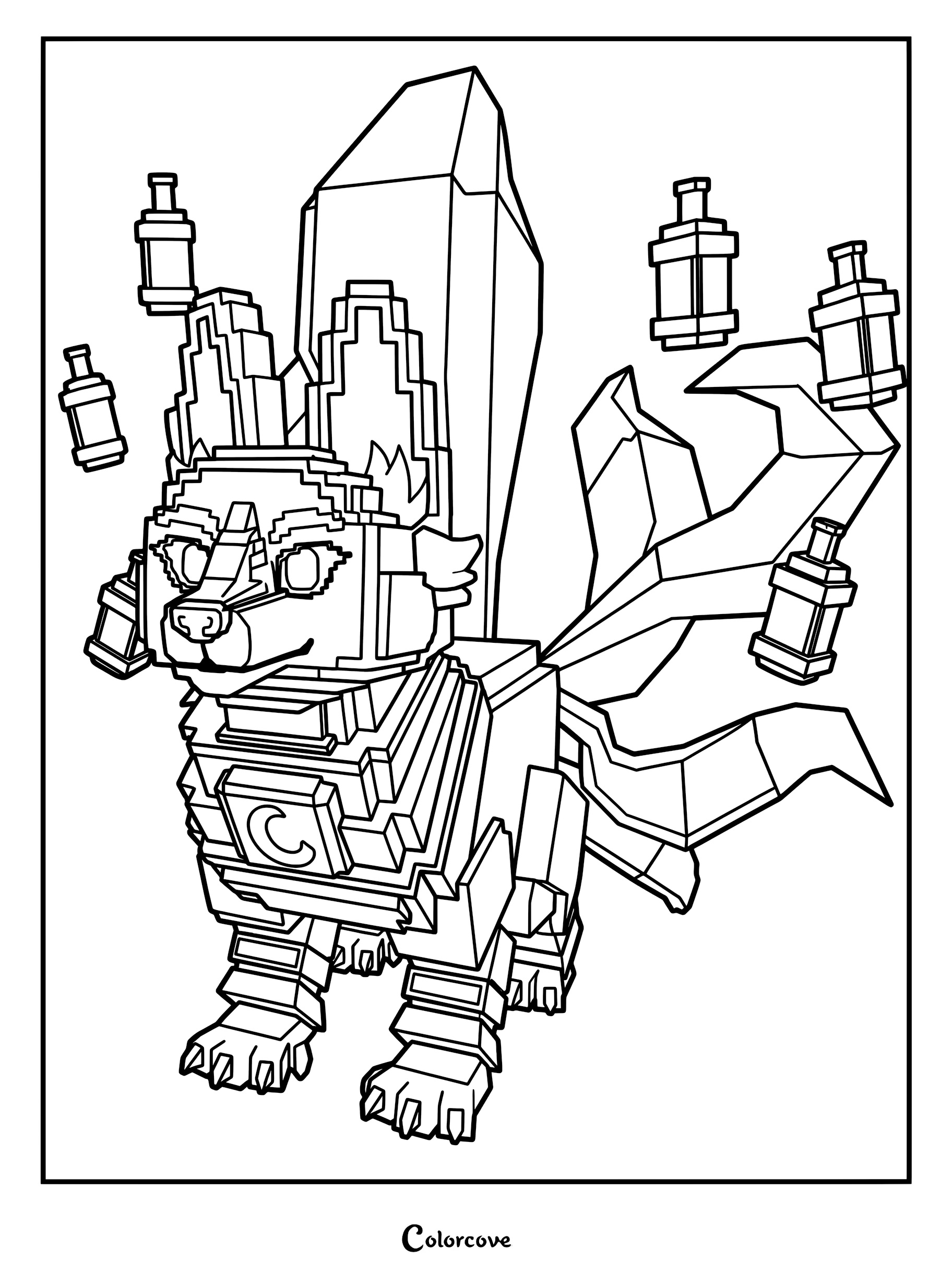 Foxini Lanternini surrounded by floating lanterns in a pixel art style coloring page.