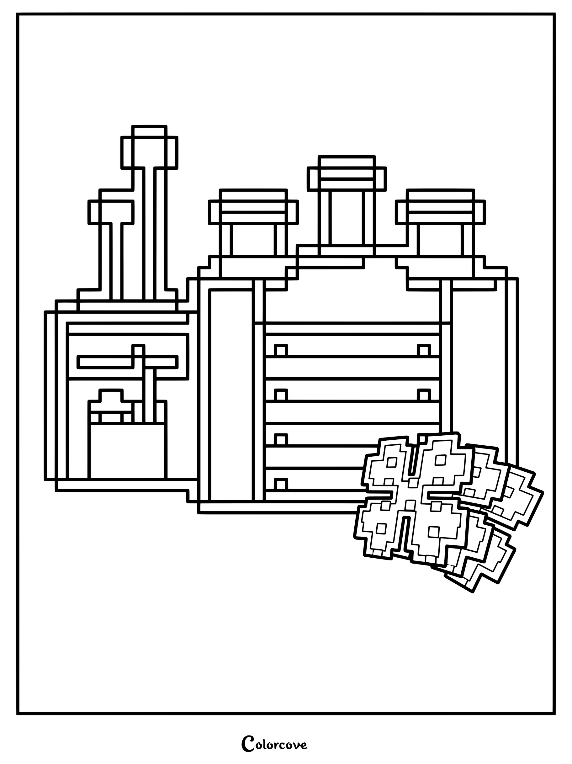 A pixel art style Fuse Machine coloring page featuring an industrial device with chimneys and a cluster of items in the foreground.