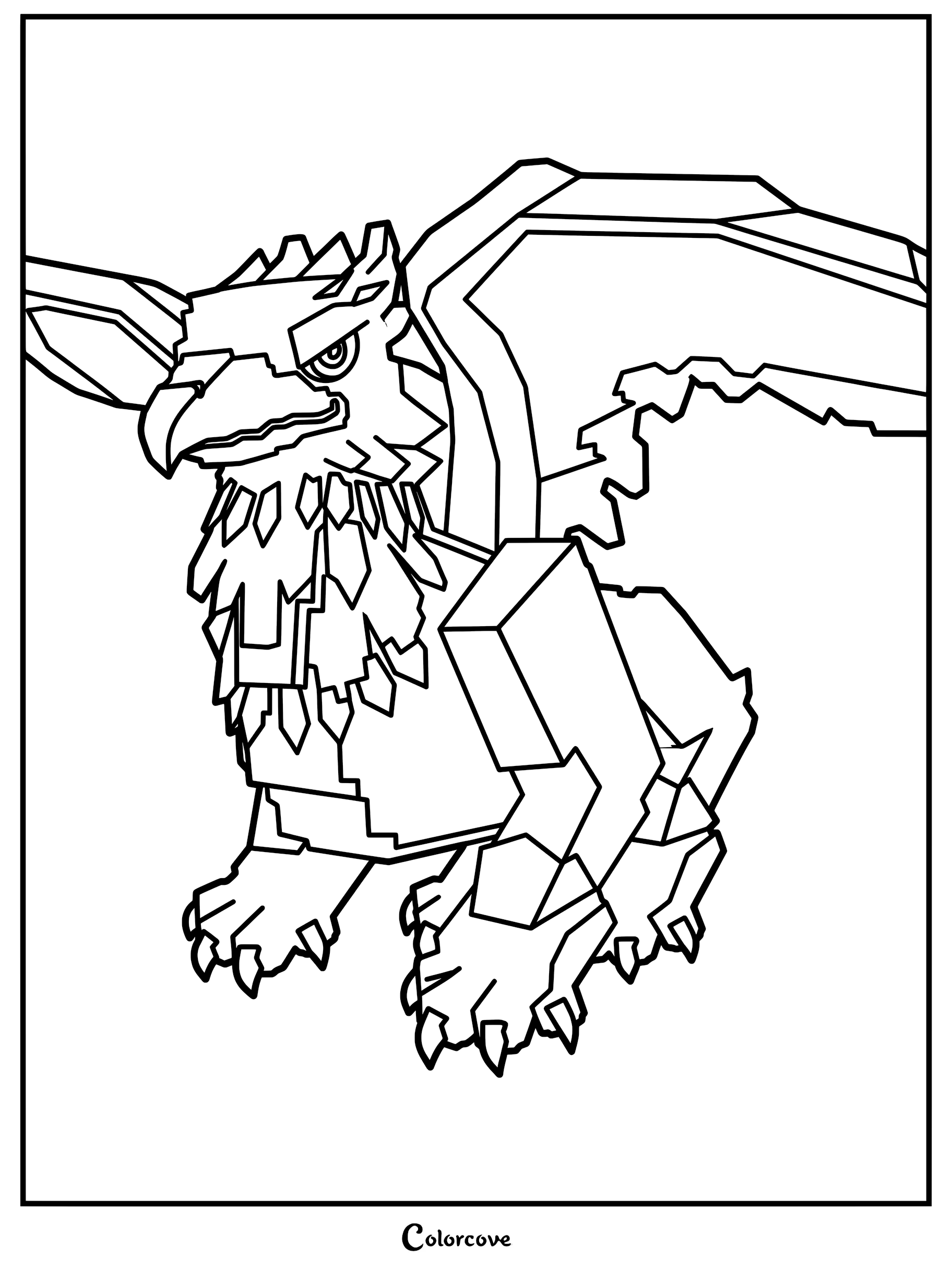 A pixel-style Griffin with sharp wings and feathers in a printable coloring page format.