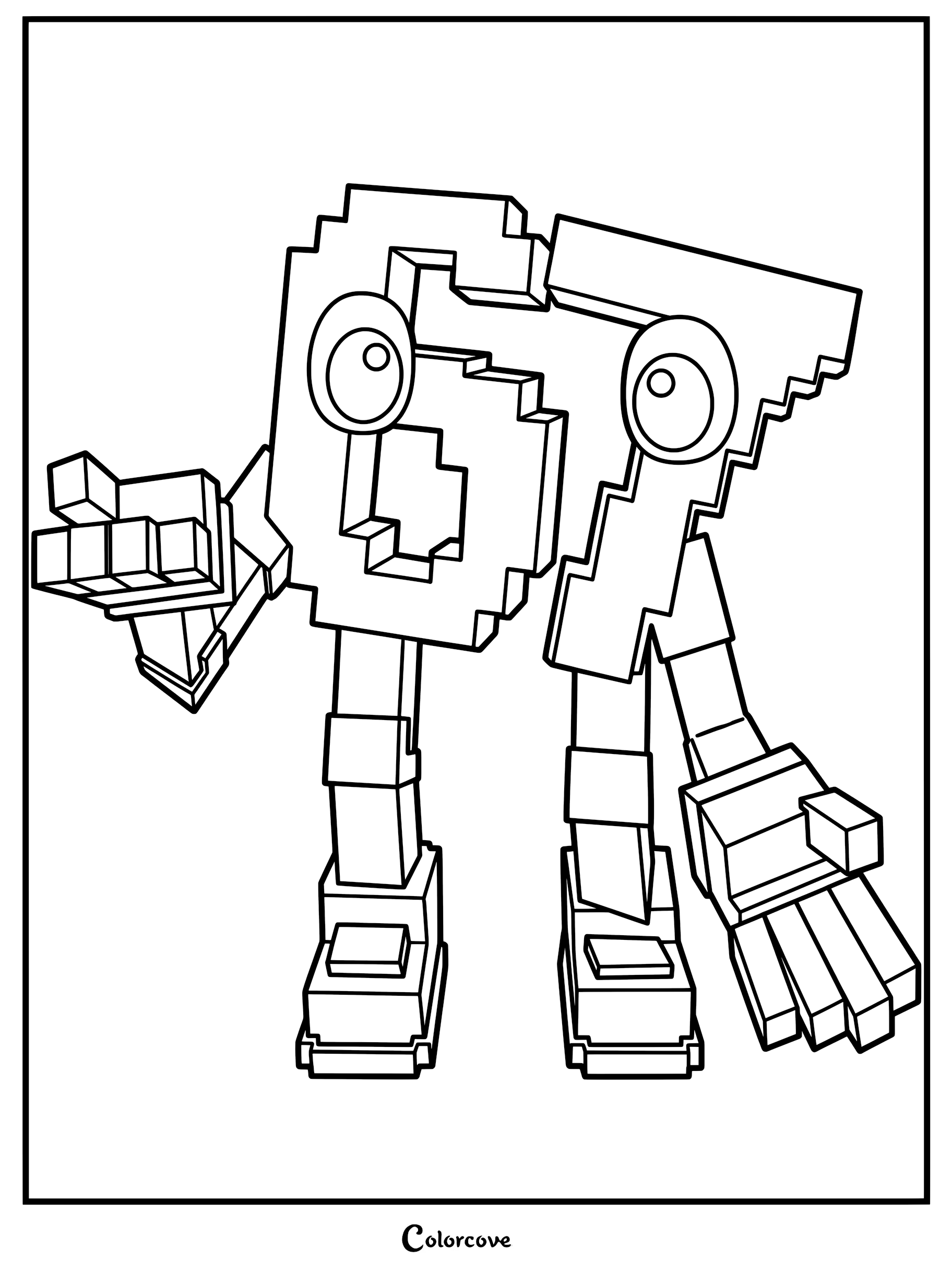 Numberblocks 67 with limbs and large eyes in a printable coloring page format.