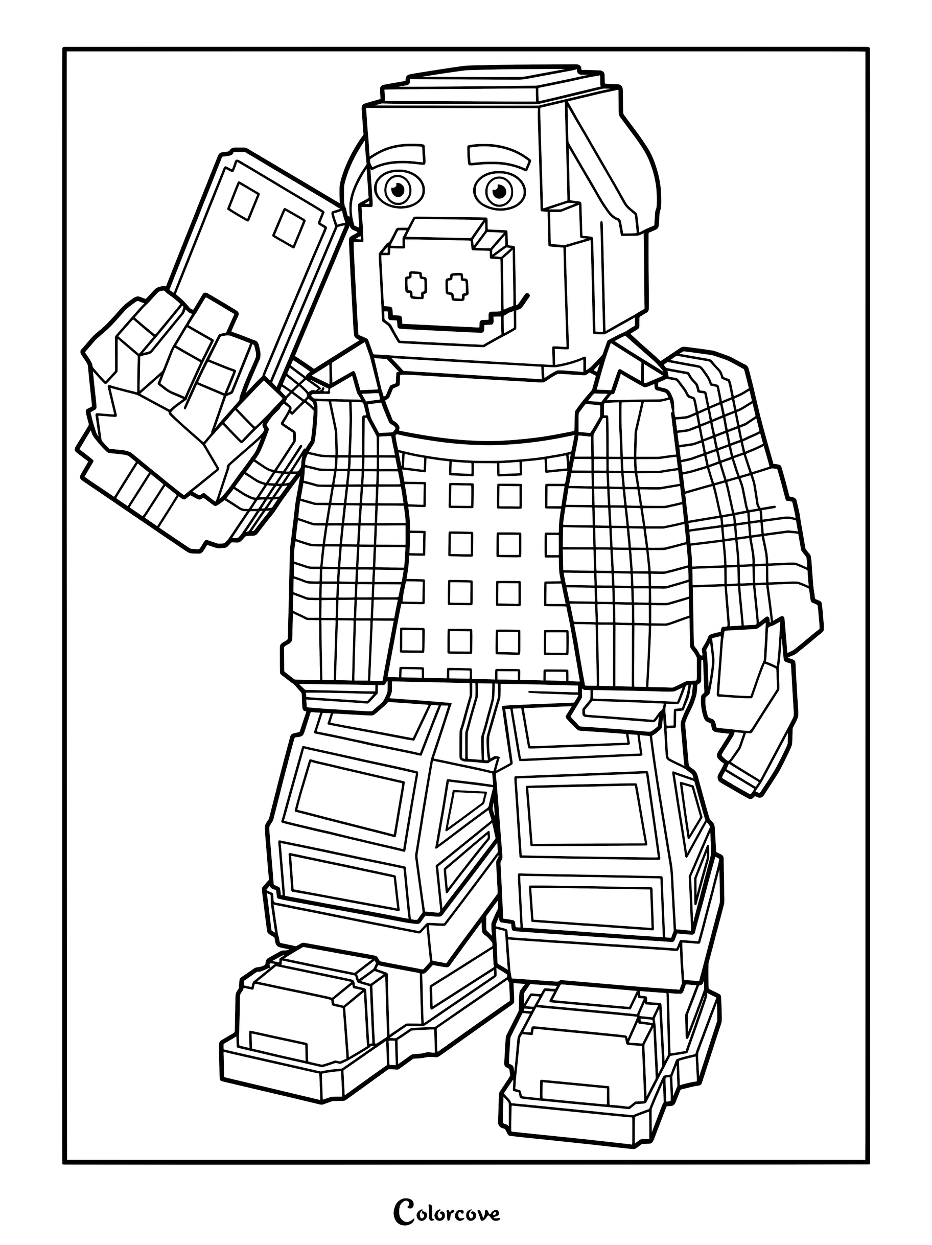 John Pork holding a smartphone in a style coloring page.