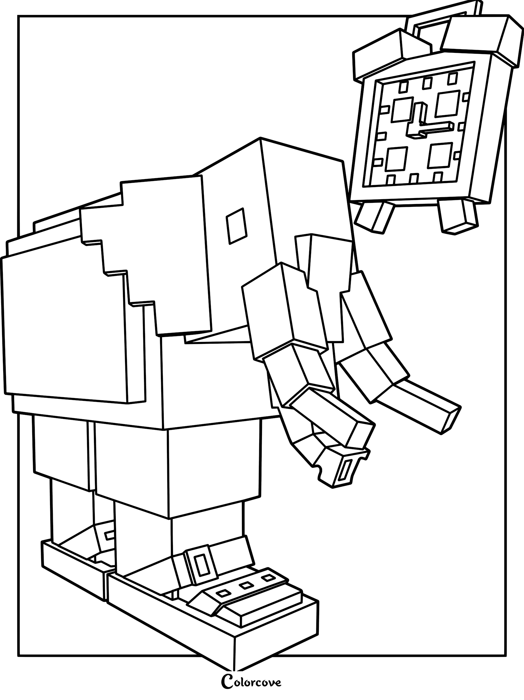 Lirili Larila standing next to a floating alarm clock in this printable Minecraft style coloring page.