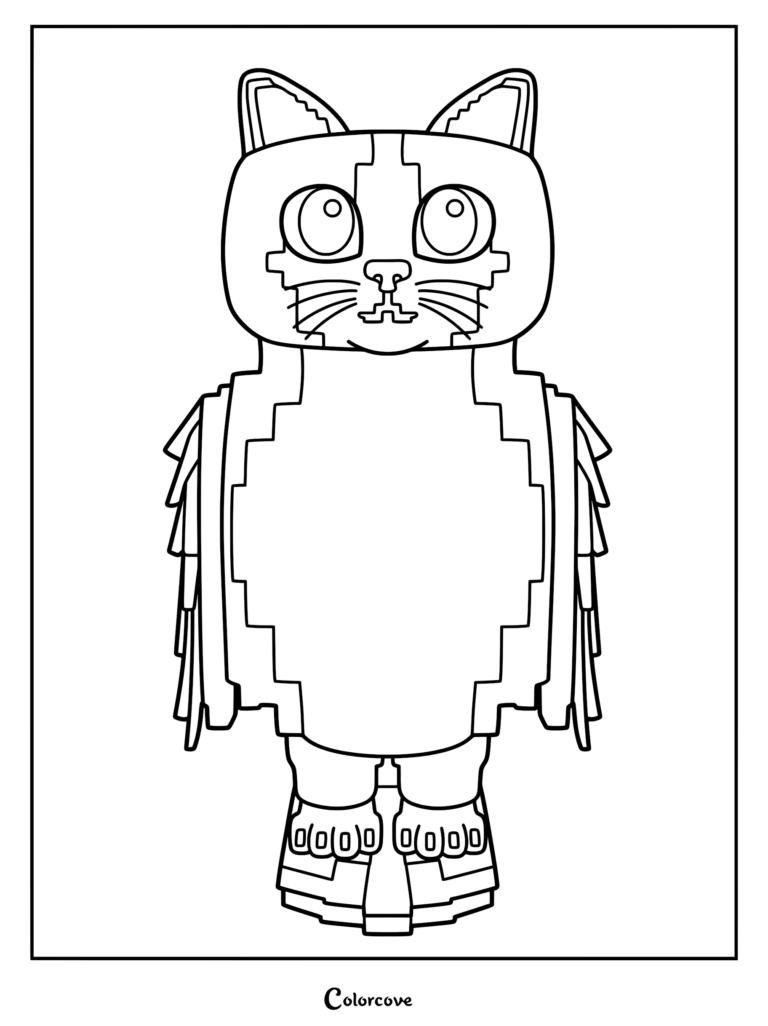Une page de coloriage à imprimer mettant en vedette Meowl, une créature hybride avec des oreilles de chat et des caractéristiques de type hibou se tenant debout.