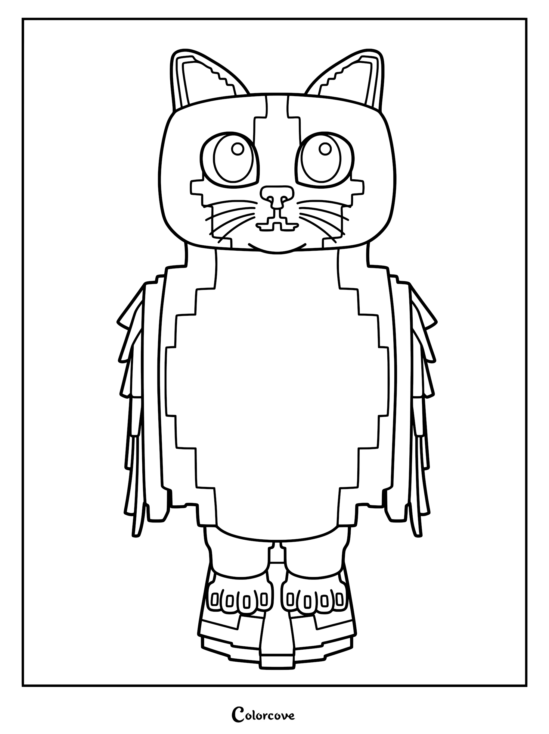 A printable coloring page featuring Meowl, a hybrid creature with cat ears and owl-like features standing upright.