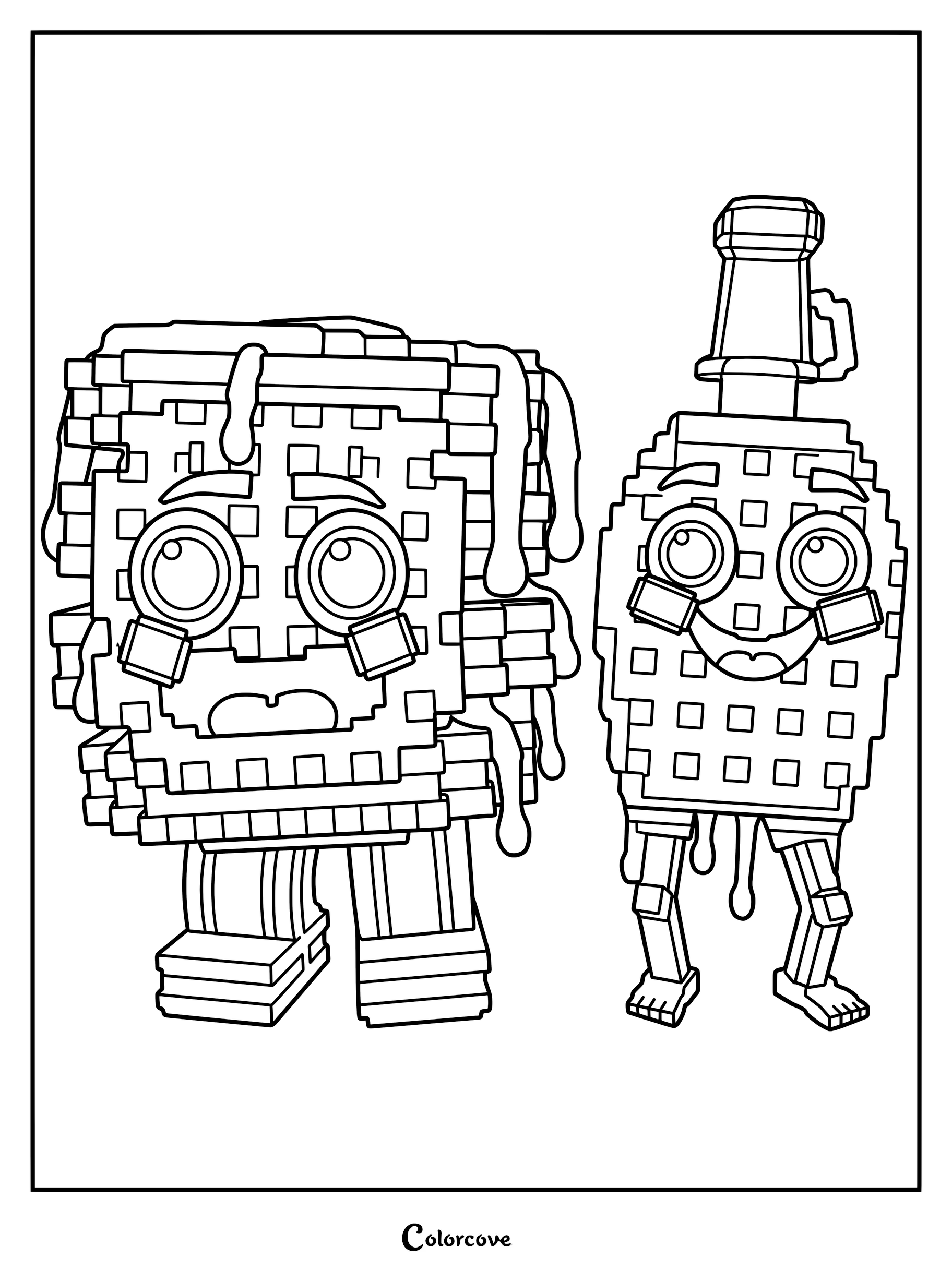 A printable coloring page featuring a Pancake covered in syrup standing next to a smaller, smiling Syrup bottle with waffle-like texture.