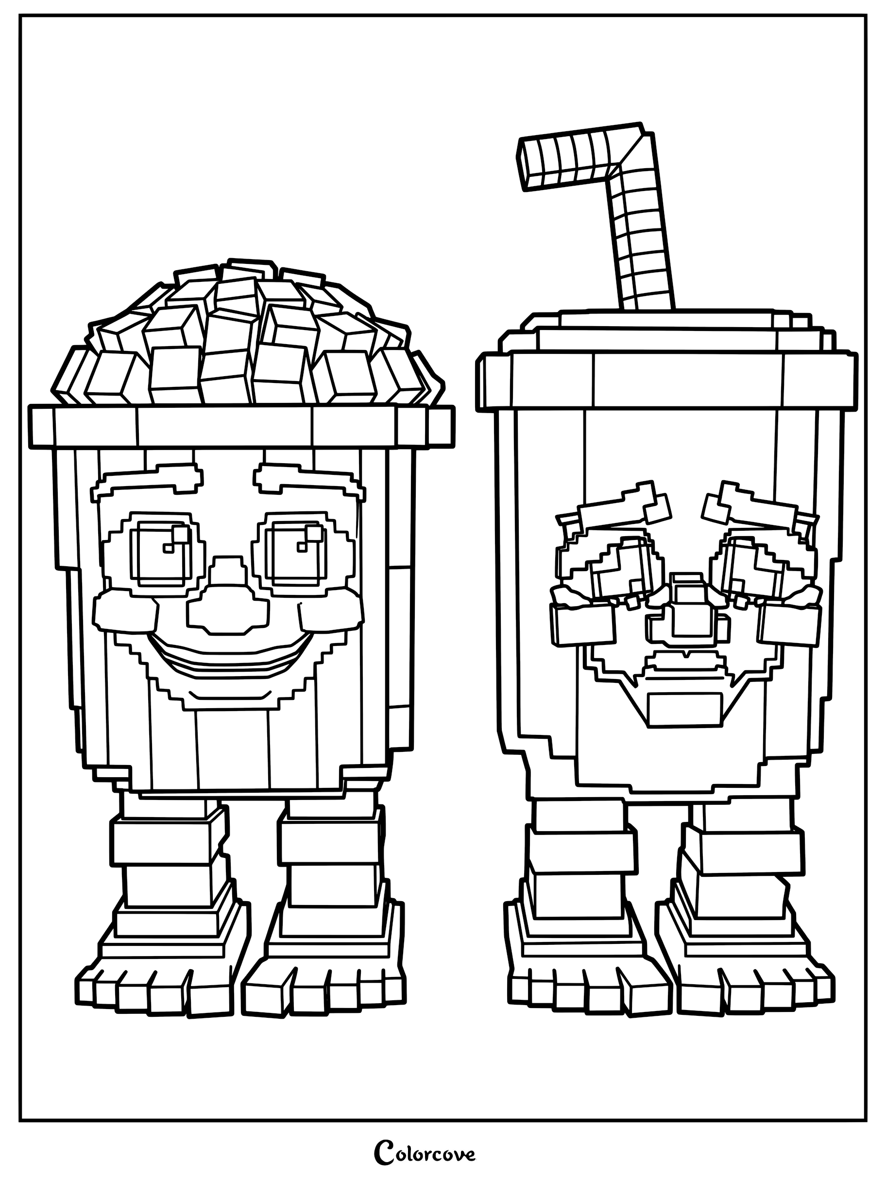 A printable coloring page featuring the avatars Popcuru and Fizzuru standing side by side.
