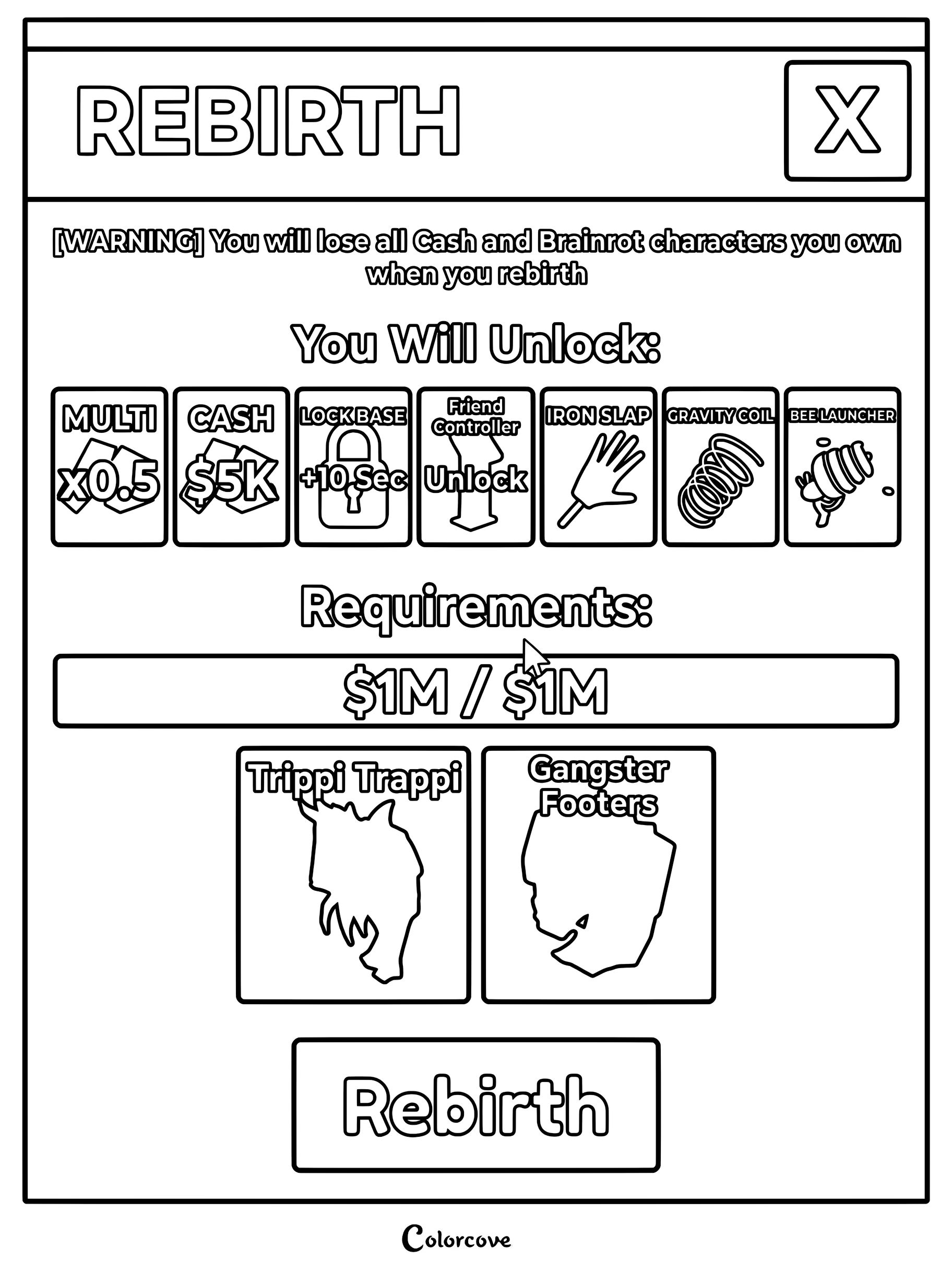 A Steal A Brainrot game menu coloring page showing Rebirth requirements including Trippi Trappi and Gangster Footers.