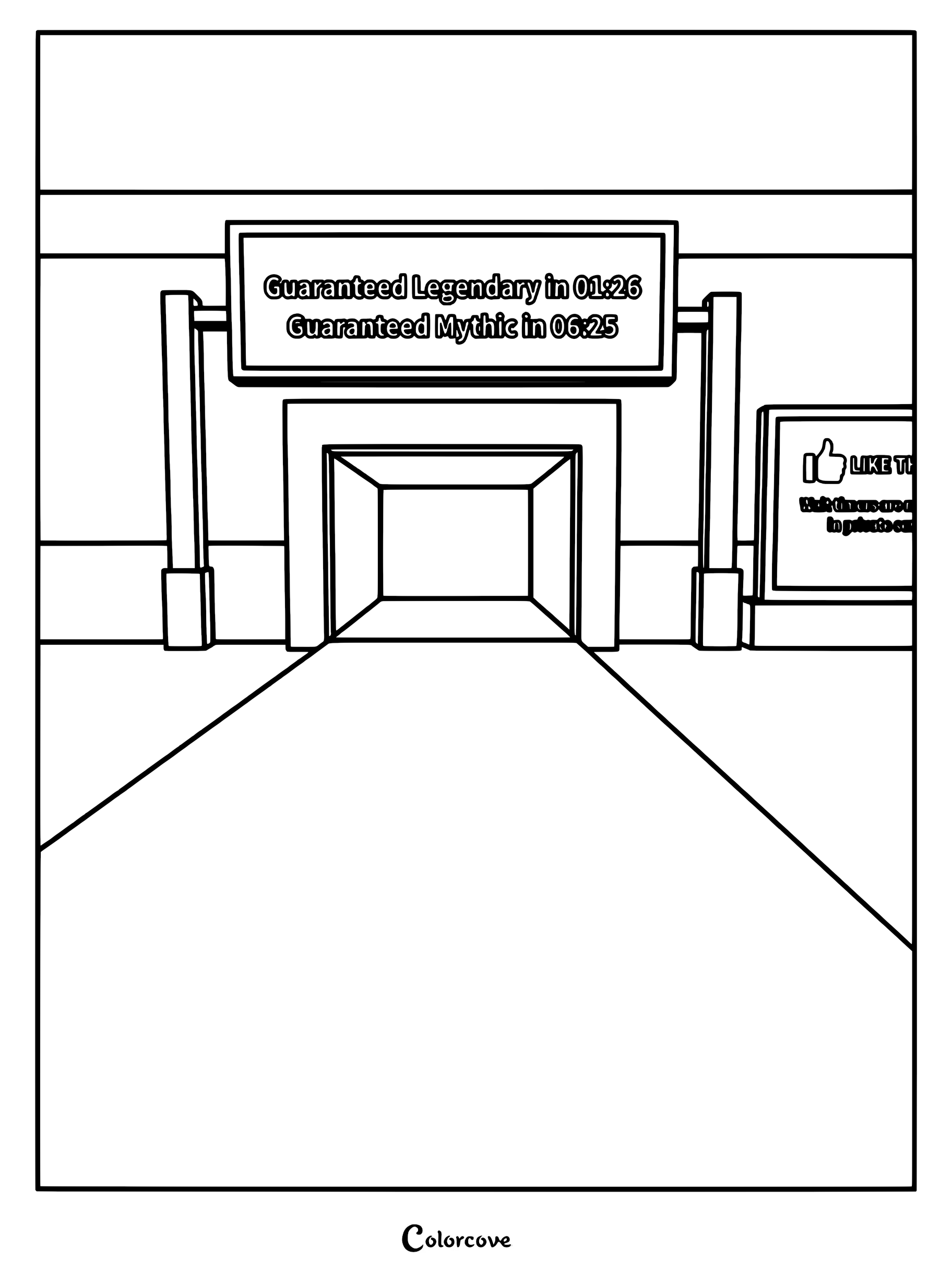A printable coloring page featuring the Red Carpet scene from Steal A Brainrot with a timer display for Legendary and Mythic rewards.