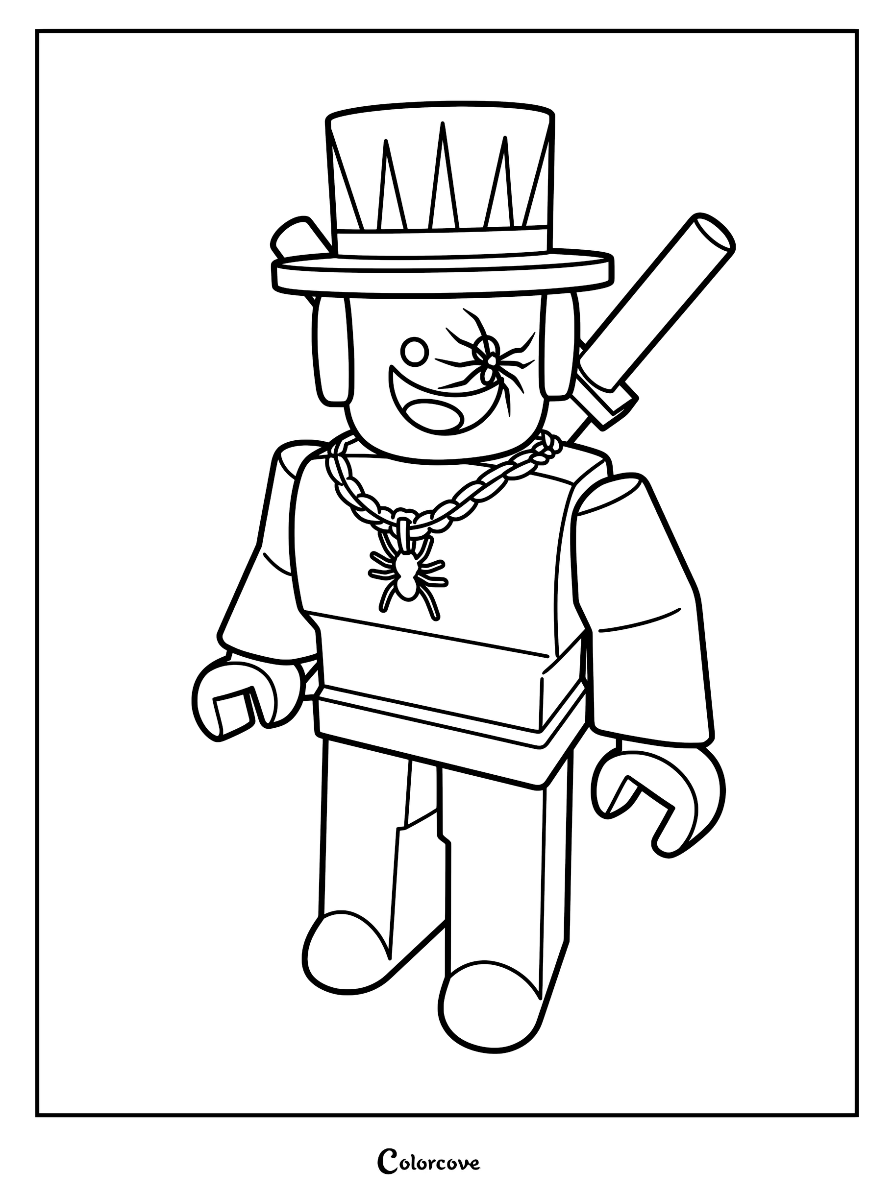 Sammy from Steal A Brainrot wearing a top hat, spider necklace, and sword, featured in a detailed coloring page.