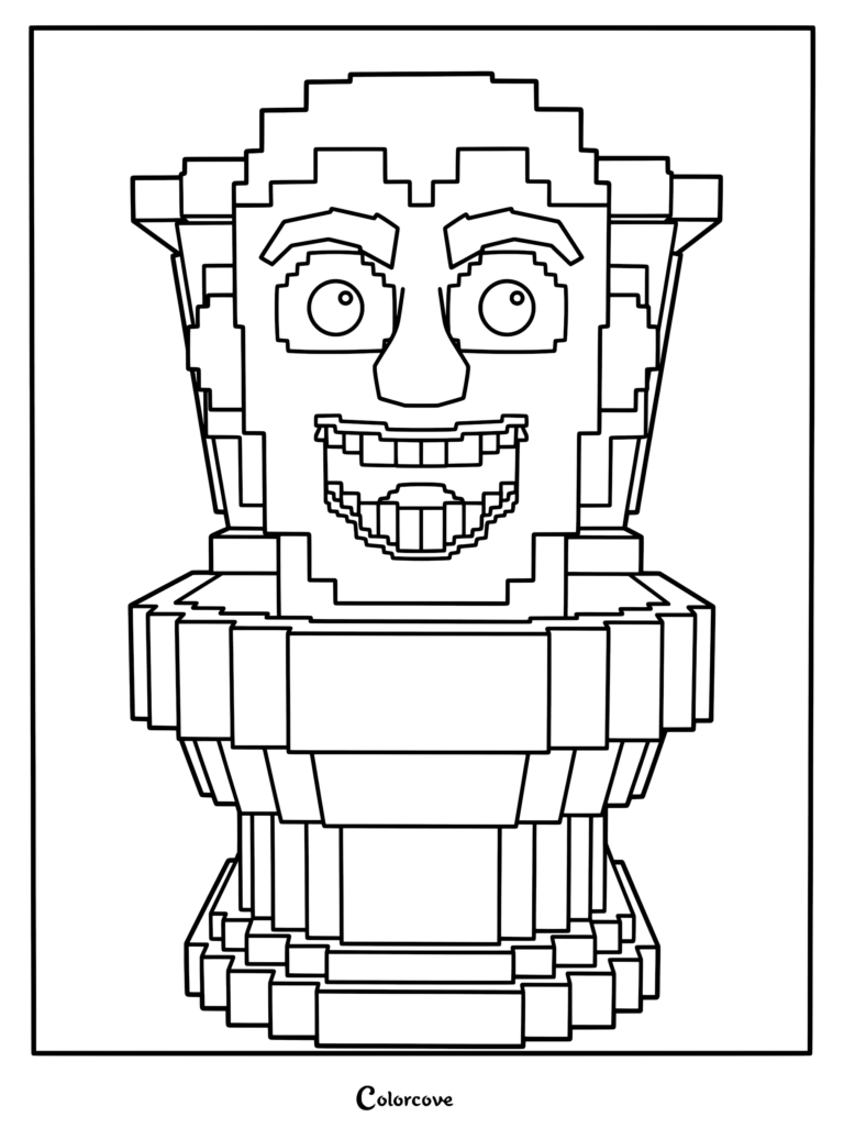 Un Skibidi Toilet de style pixel art avec un large sourire et des traits dans un format de page de coloriage à imprimer.
