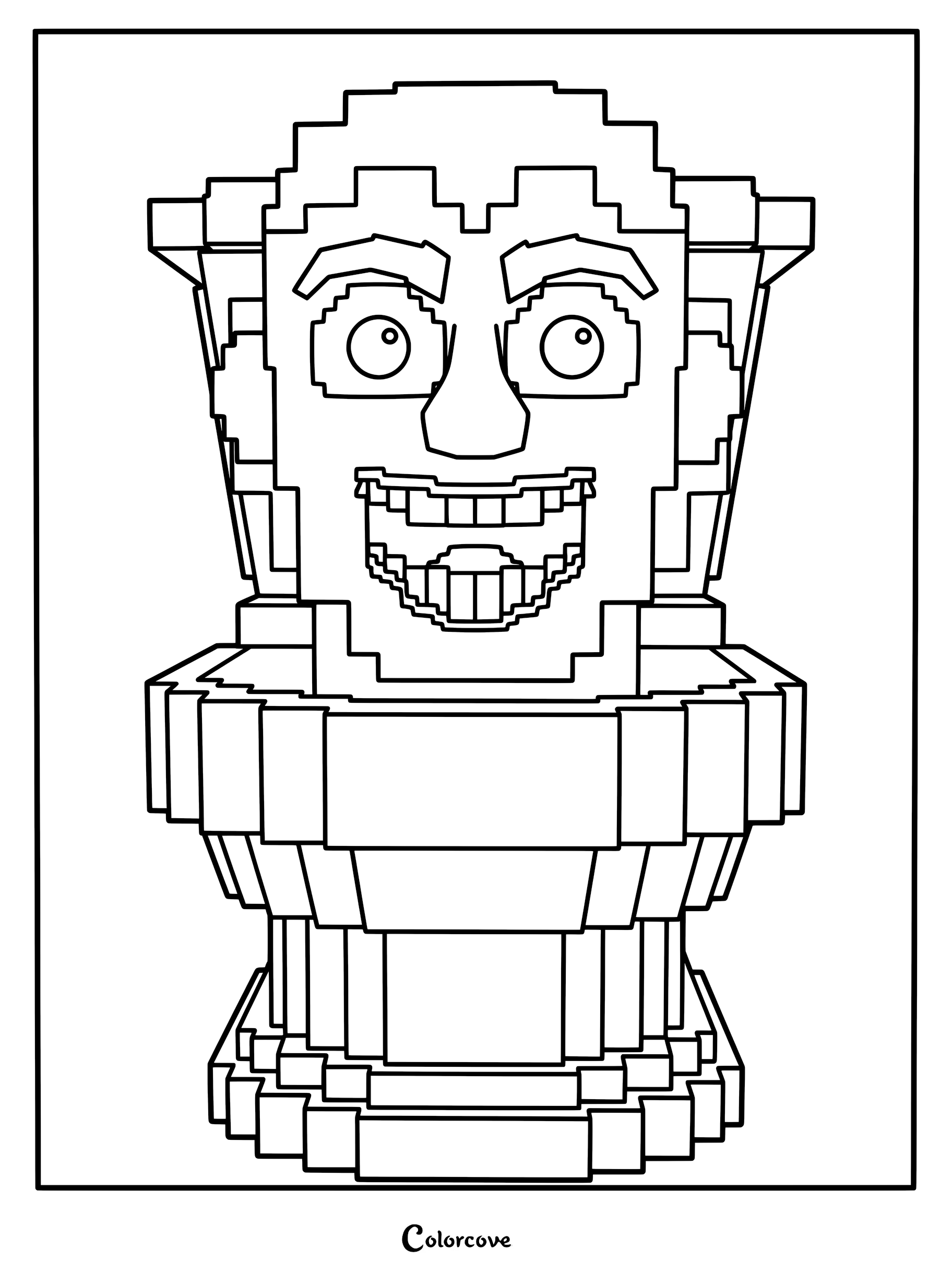 A pixel art style Skibidi Toilet with a wide grin and features in a printable coloring page format.