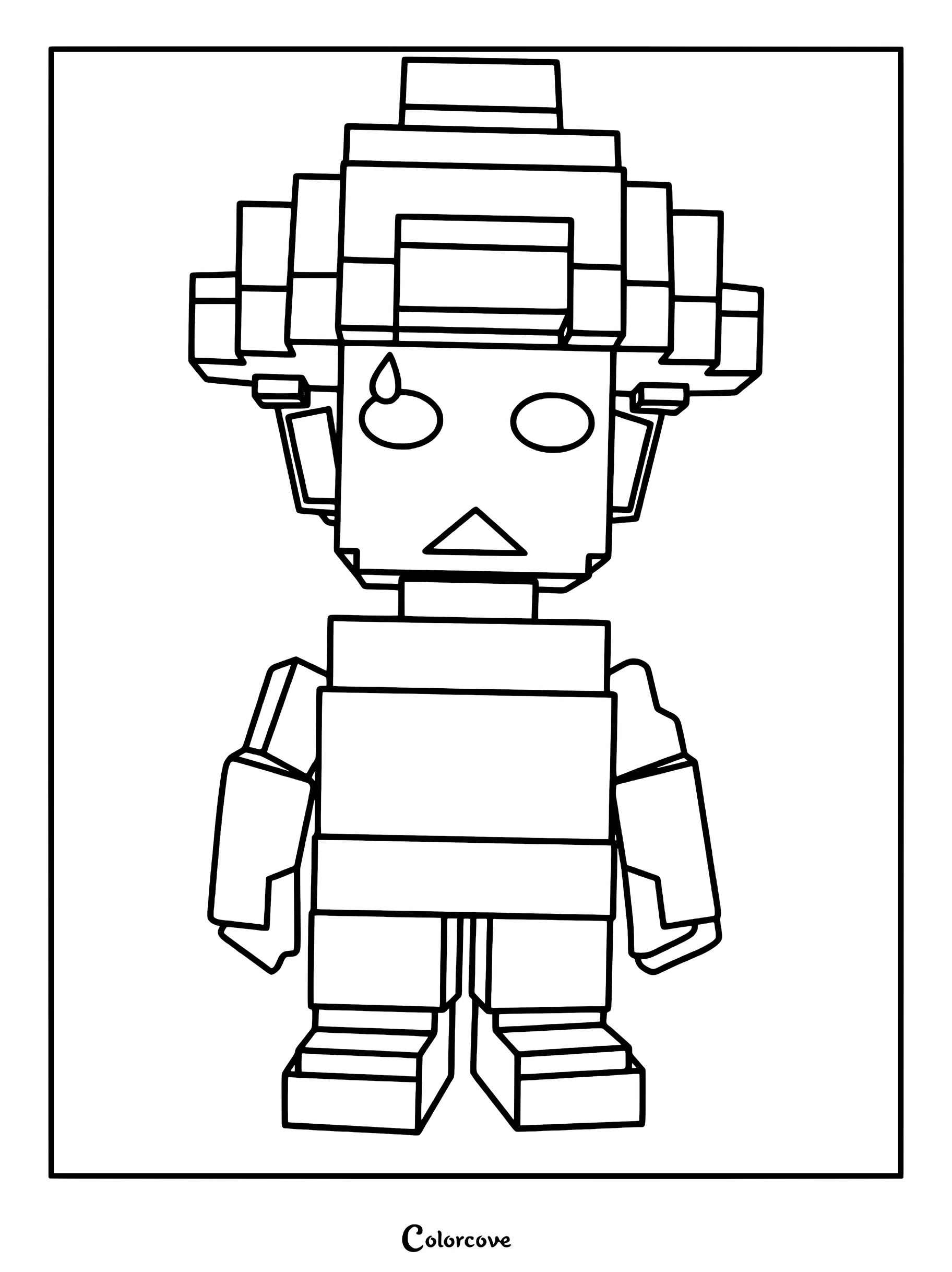 A pixel-style Smurf Cat with a sweat drop on its forehead, presented as a printable coloring page.