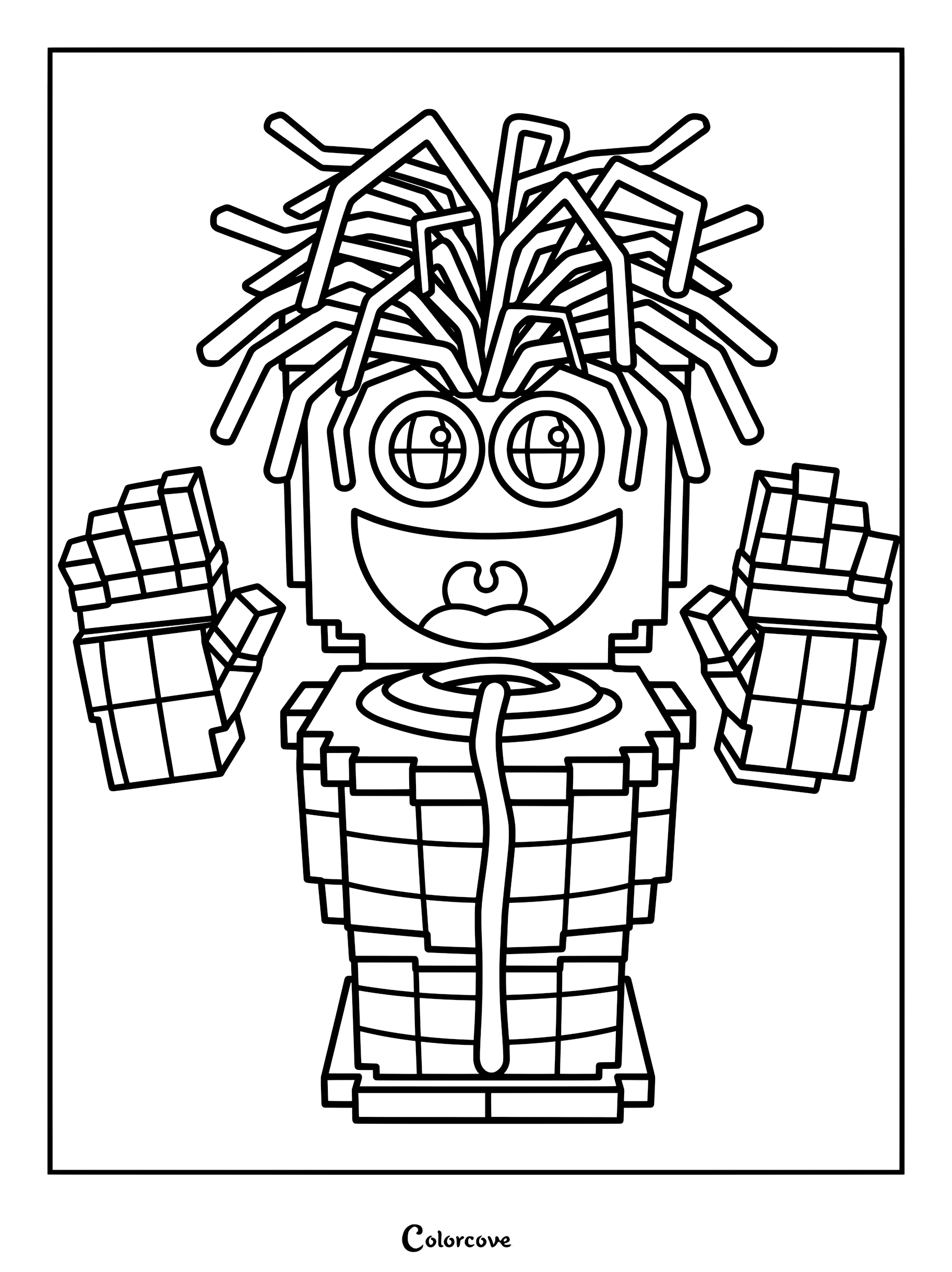 A printable coloring page featuring the Spaghetti Tualetti with noodle hair and a wide grin.