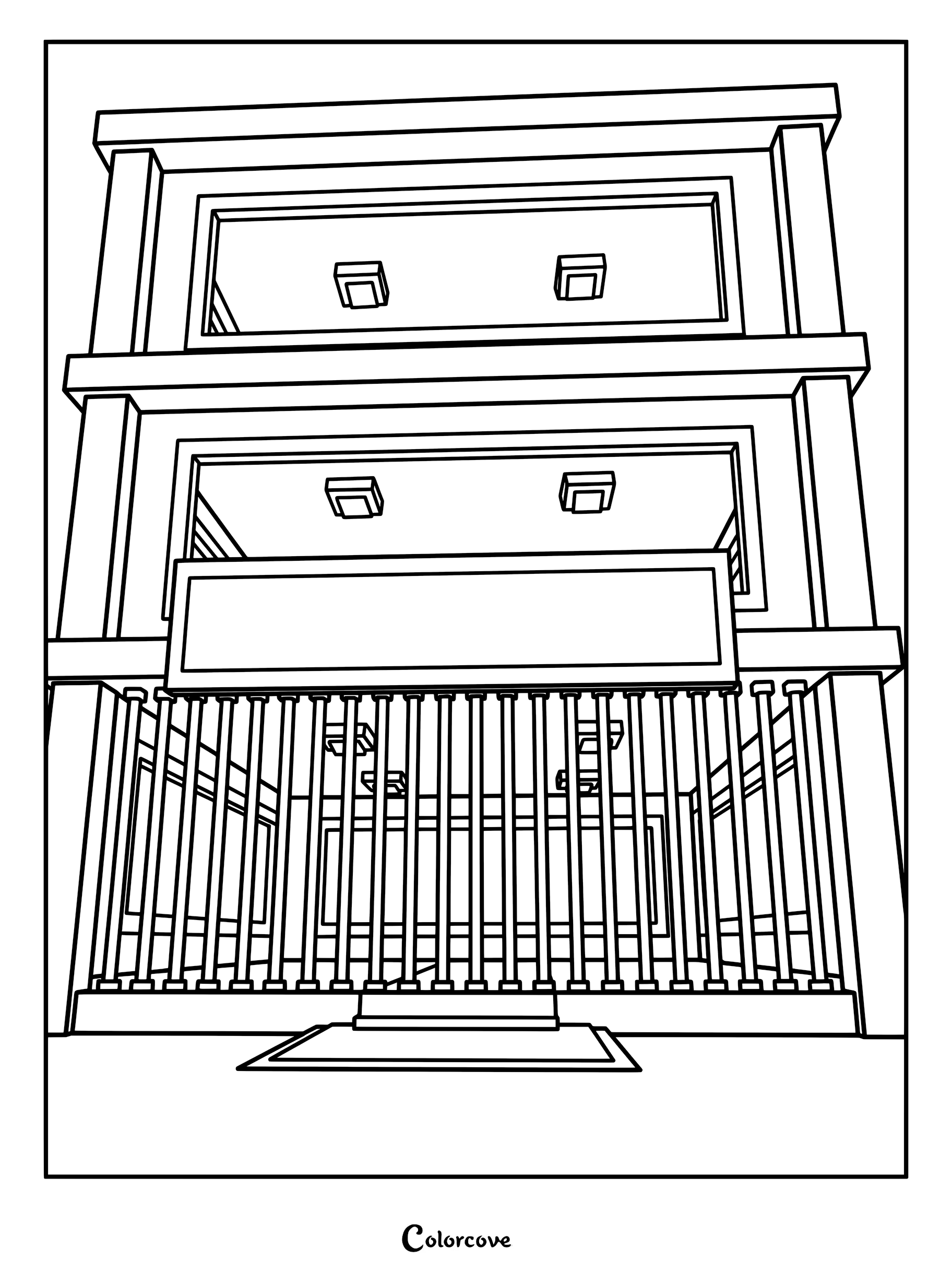 A low-angle perspective coloring page of a multi-story base building featuring a gated entrance and architectural details.