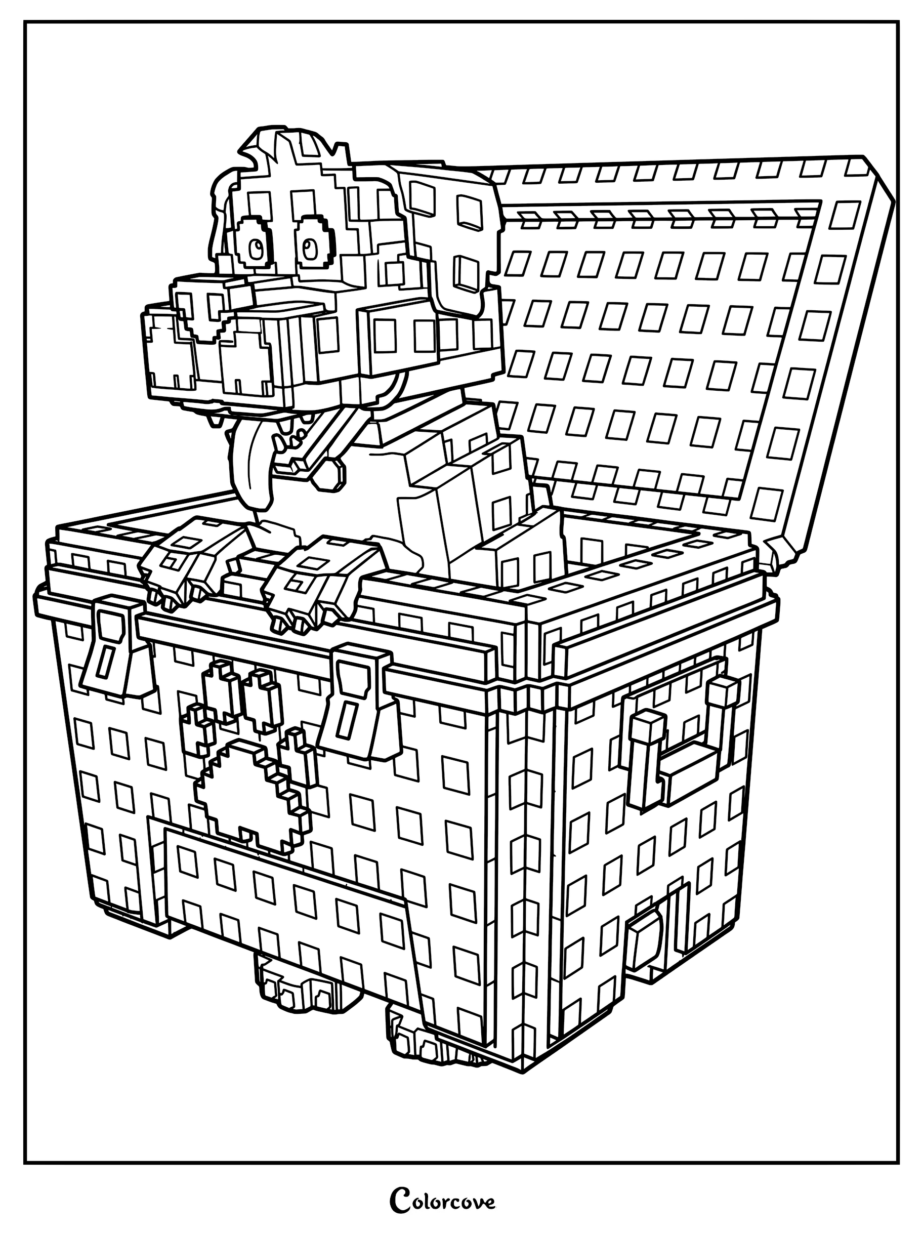 A pixel-style Chill Puppy sitting inside a toy chest coloring page with a paw print design.