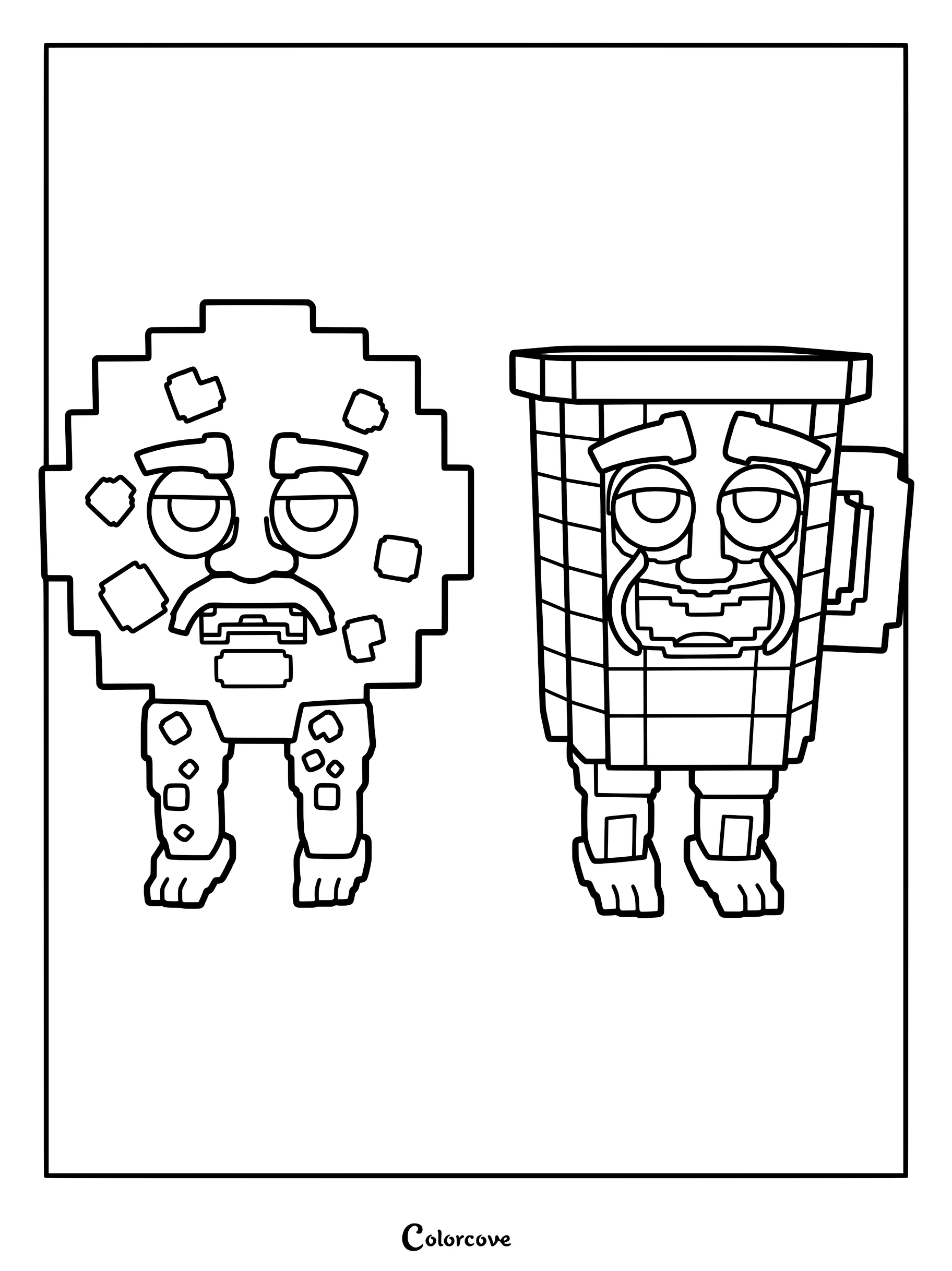 A printable coloring page featuring the avatars Cooki and Milki standing side by side with expressive faces.