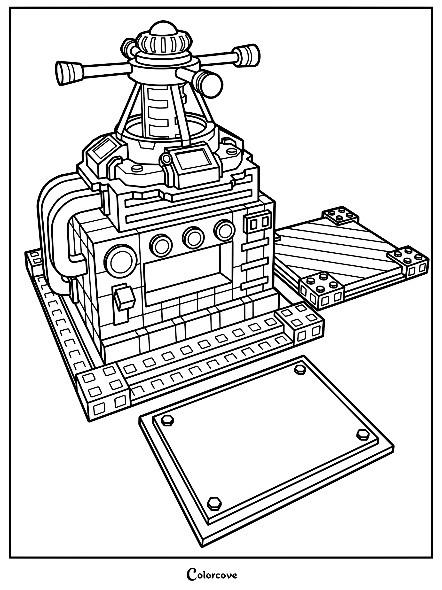 A detailed Cyber Craft coloring page featuring a futuristic block-built machine with a rotating top antenna and modular base plates.