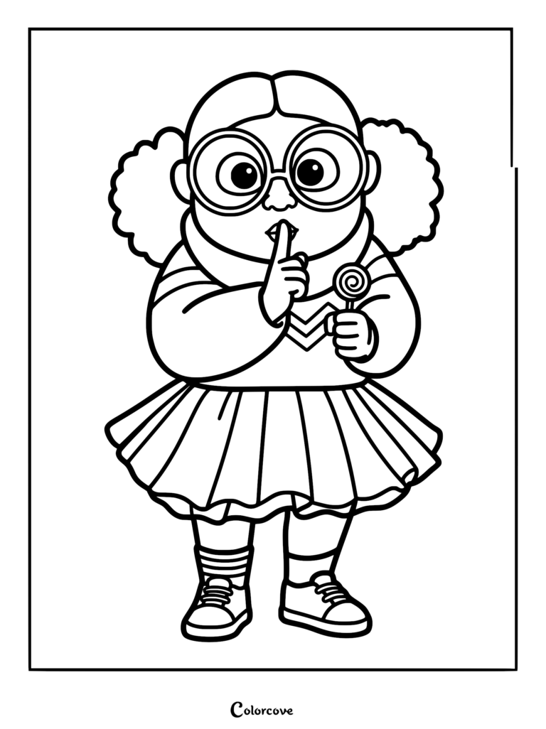 A detailed line art coloring page of Arabella from the Stitch Head movie, featuring her large round glasses, puffy pigtails, and pleated skirt as she holds a finger to her lips and a swirl lollipop.