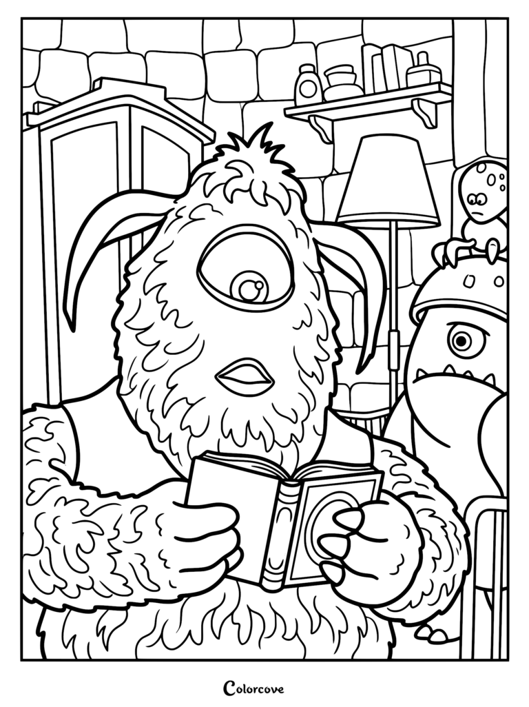 Black and white coloring page of Creature, the one-eyed, three-armed monster from Stitch Head, reading a book in a castle library with stone walls.